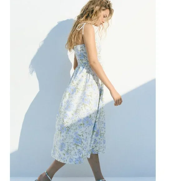 H&M Tie-Shoulder-Strap Blue Floral Smocked Cotton Midi Dress NWT - Picture 6 of 7